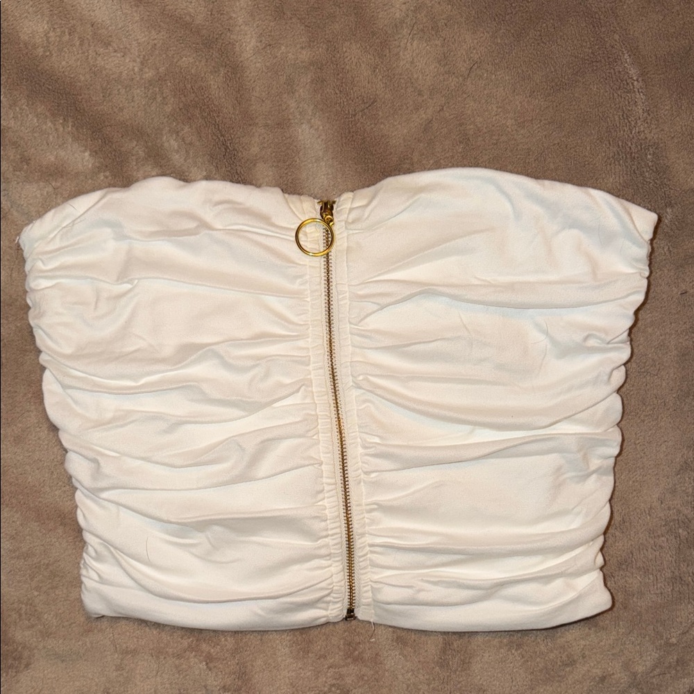 White Ruched Zip-Front Strapless Crop Top